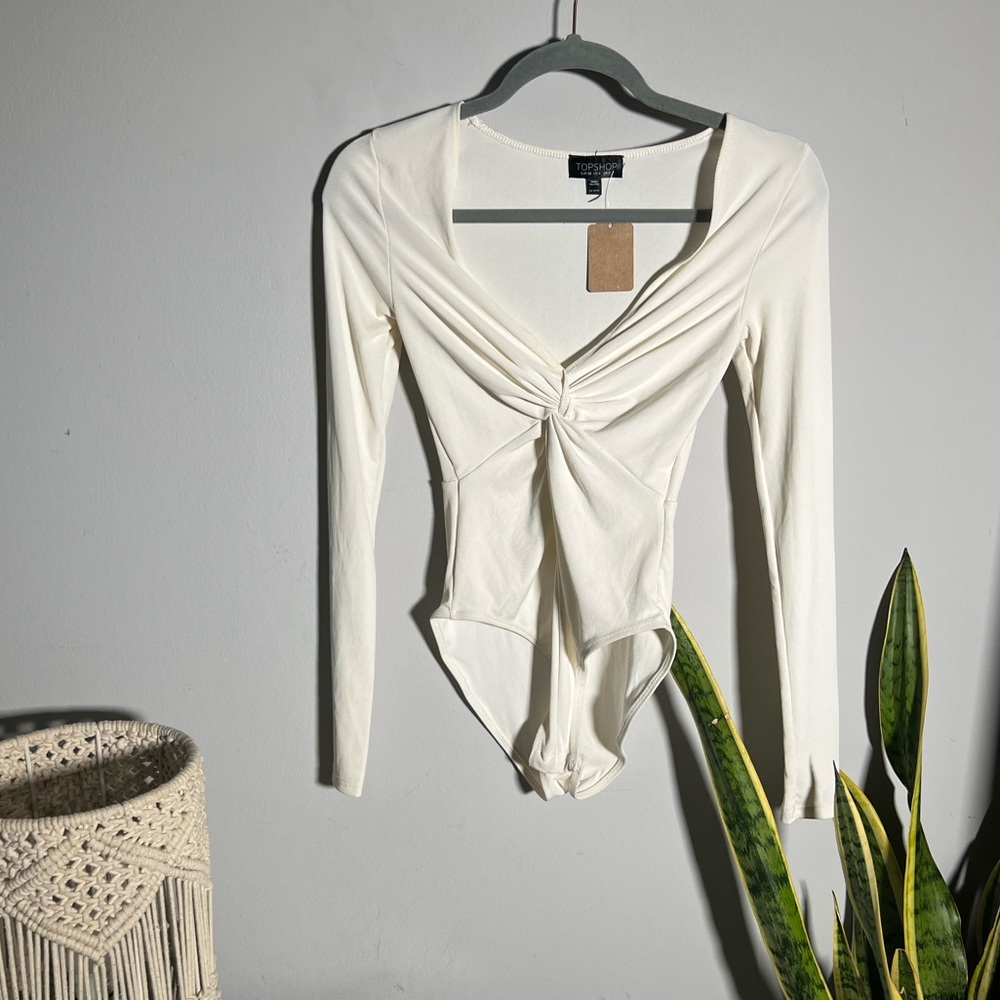 Topshop Cream Ribbed Long Sleeve Twist Bodysuit